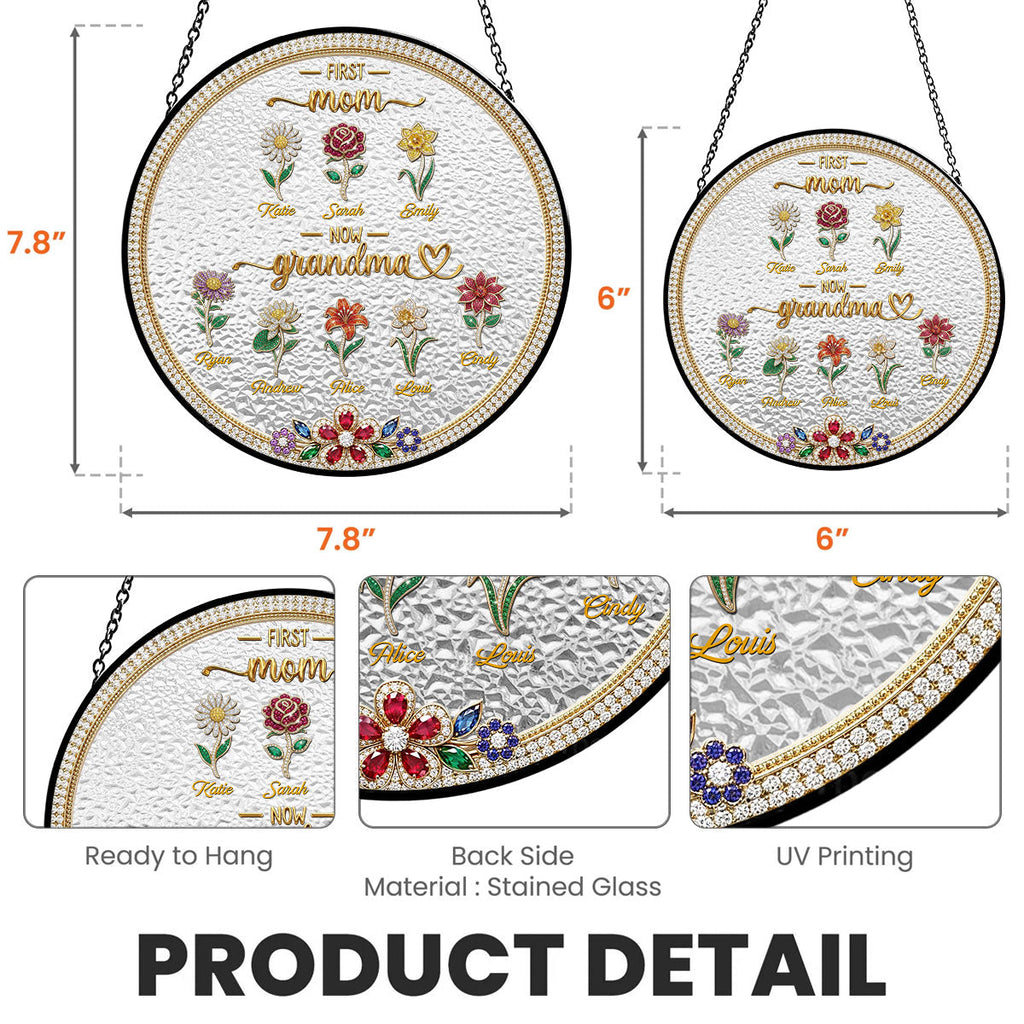 Custom Grandma Hanging Decor, Mother's Day Birthday Gifts • First Mom Now Grandma Flowers - Personalized Window Hanging Suncatcher