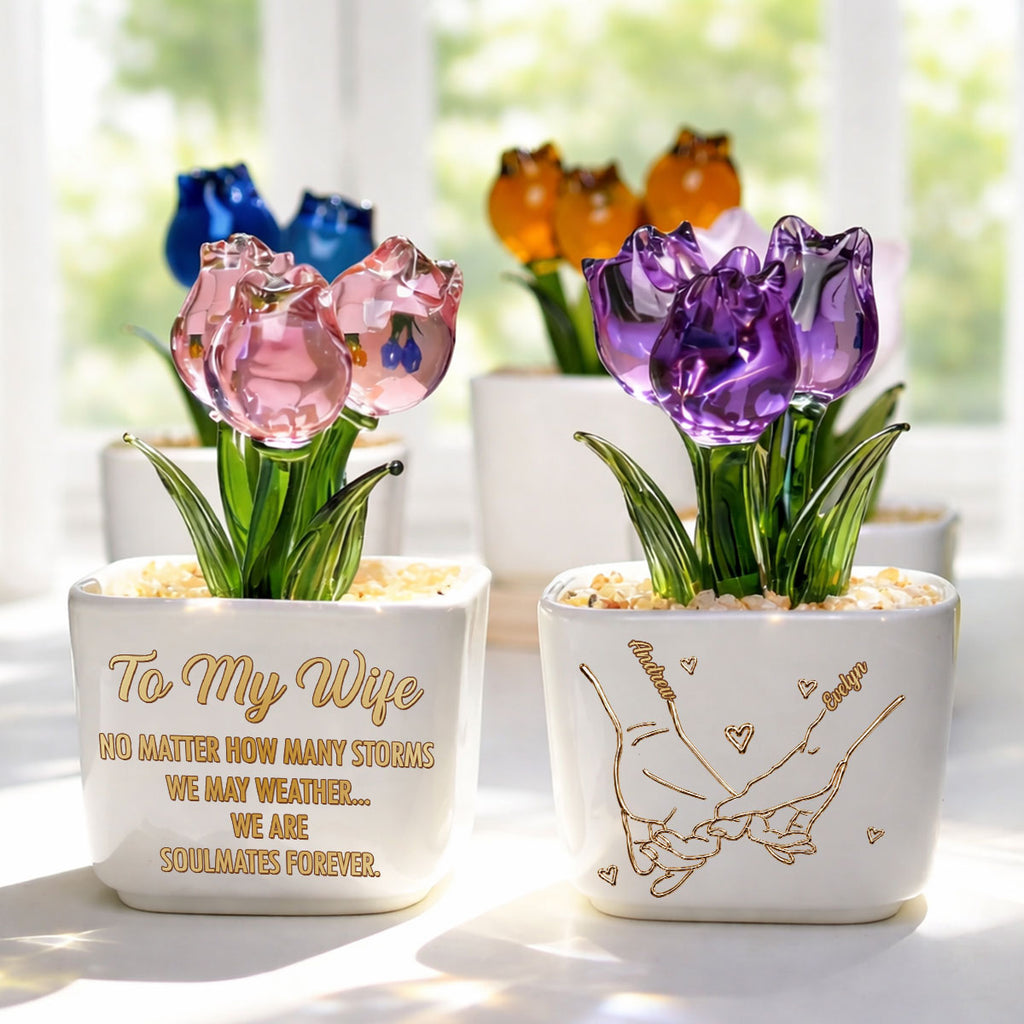 Custom Glass Flower Keepsake, Romantic Anniversary Gift for Wife • Soulmates Forever - Personalized Glass Everlasting Tulips