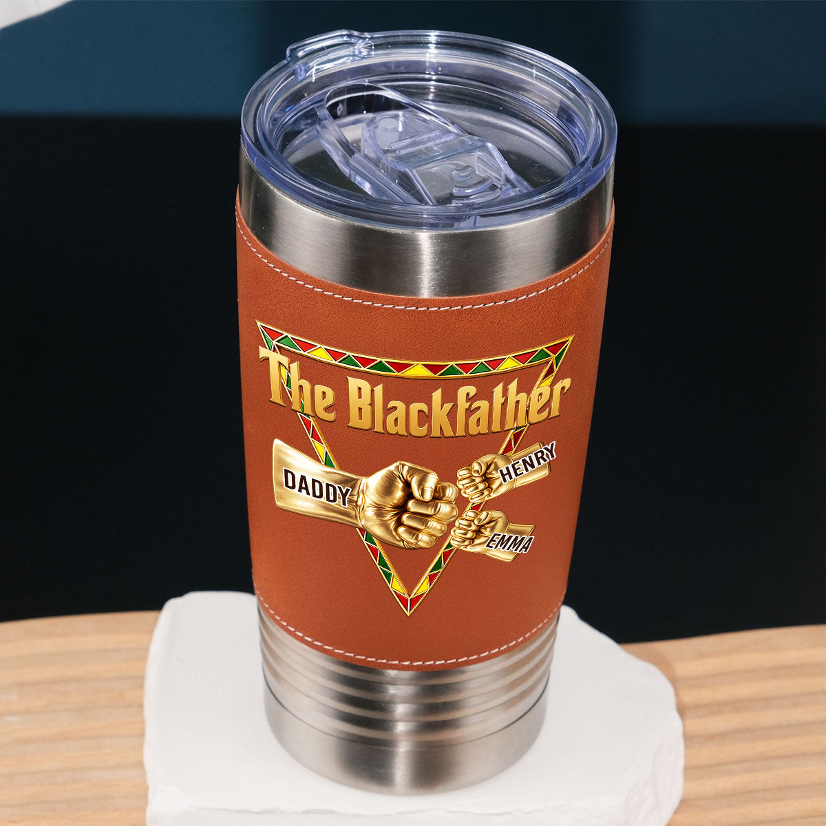 Custom Father's Day Birthday Gifts For Dad • The Blackfather Gold - Personalized Leather Tumbler