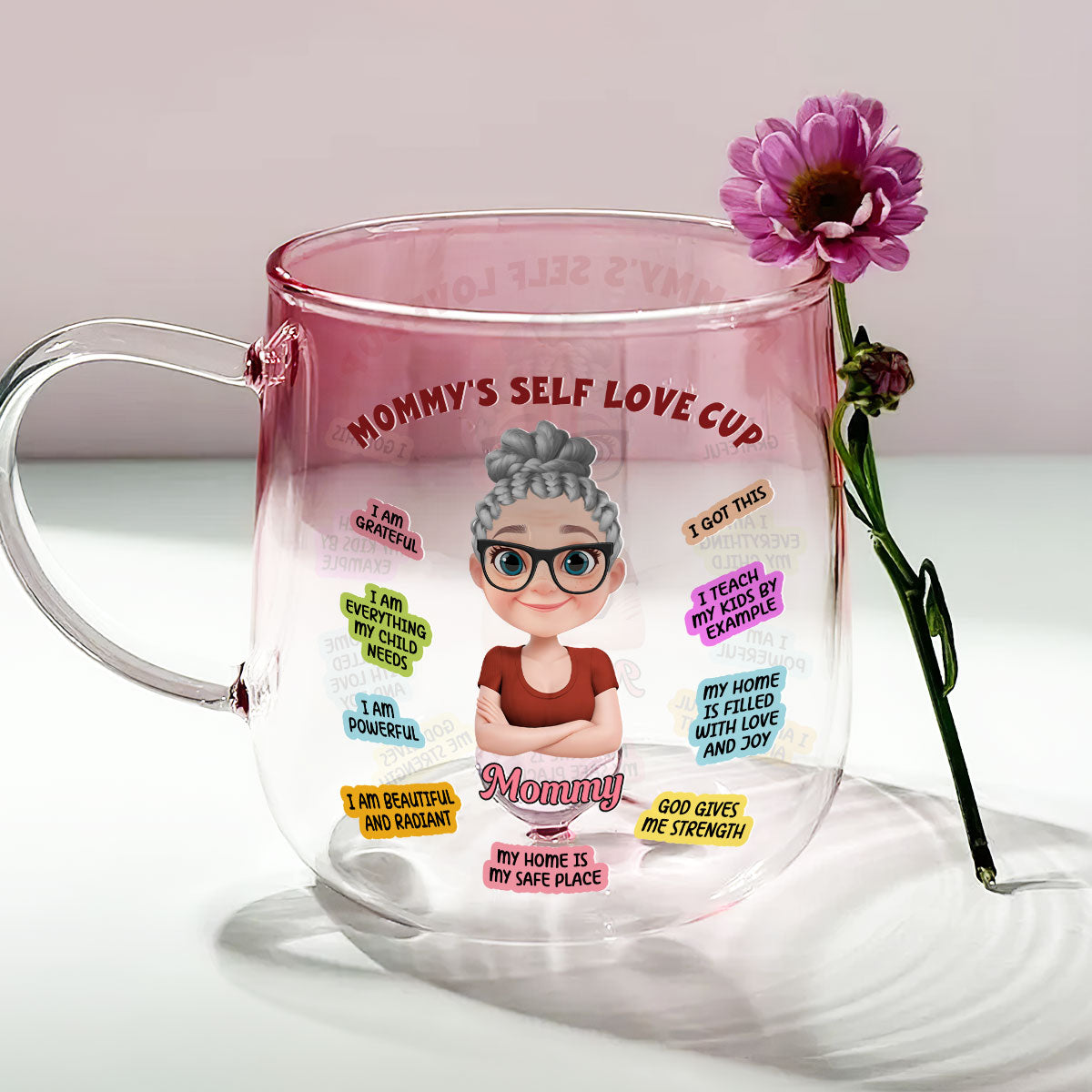 Custom Mother's Day Gift for Mom & Grandma • Mom Self Love Cup Version 2 - Personalized Pink Gradient Glass Mug