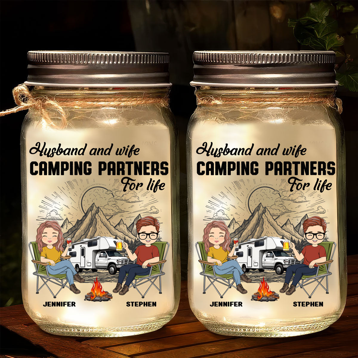 Husband And Wife Camping Partners For Life - Personalized Mason Jar Light