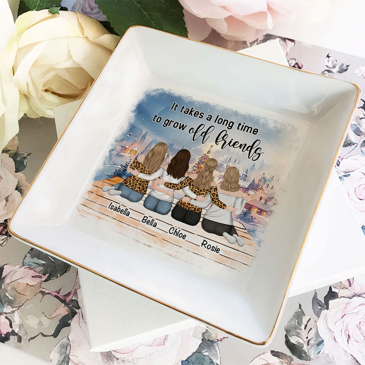 Custom Bestie Trinket Dish, Birthday Christmas Gift For Best Friend • Grow An Old Friend - Personalized Jewelry Dish