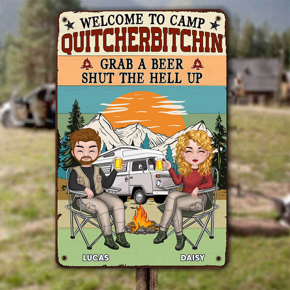 Custom Couple Campground Sign, Campsite Outdoor Wall Decor • Grab A Beer - Personalized Metal Sign