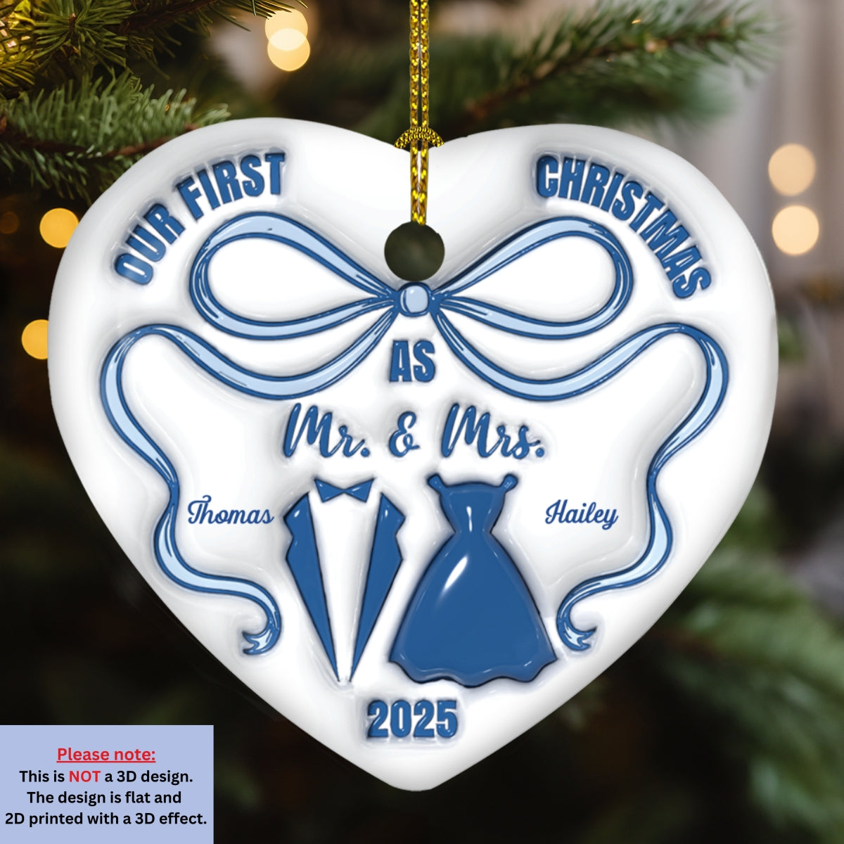 Custom First Christmas Ornament Married, Gift for Newlyweds •  Mr And Mrs Blue - Personalized 3D Inflated Effect Ceramic Ornament