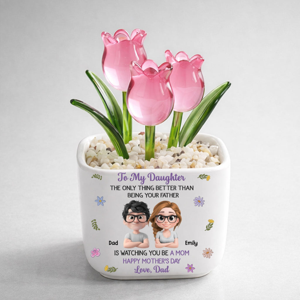 Custom Mother's Day Flower Keepsake, Glass Home Decor Gift for Daughter • Dad And Daughter Linked Together Cartoon - Personalized Glass Everlasting Tulips