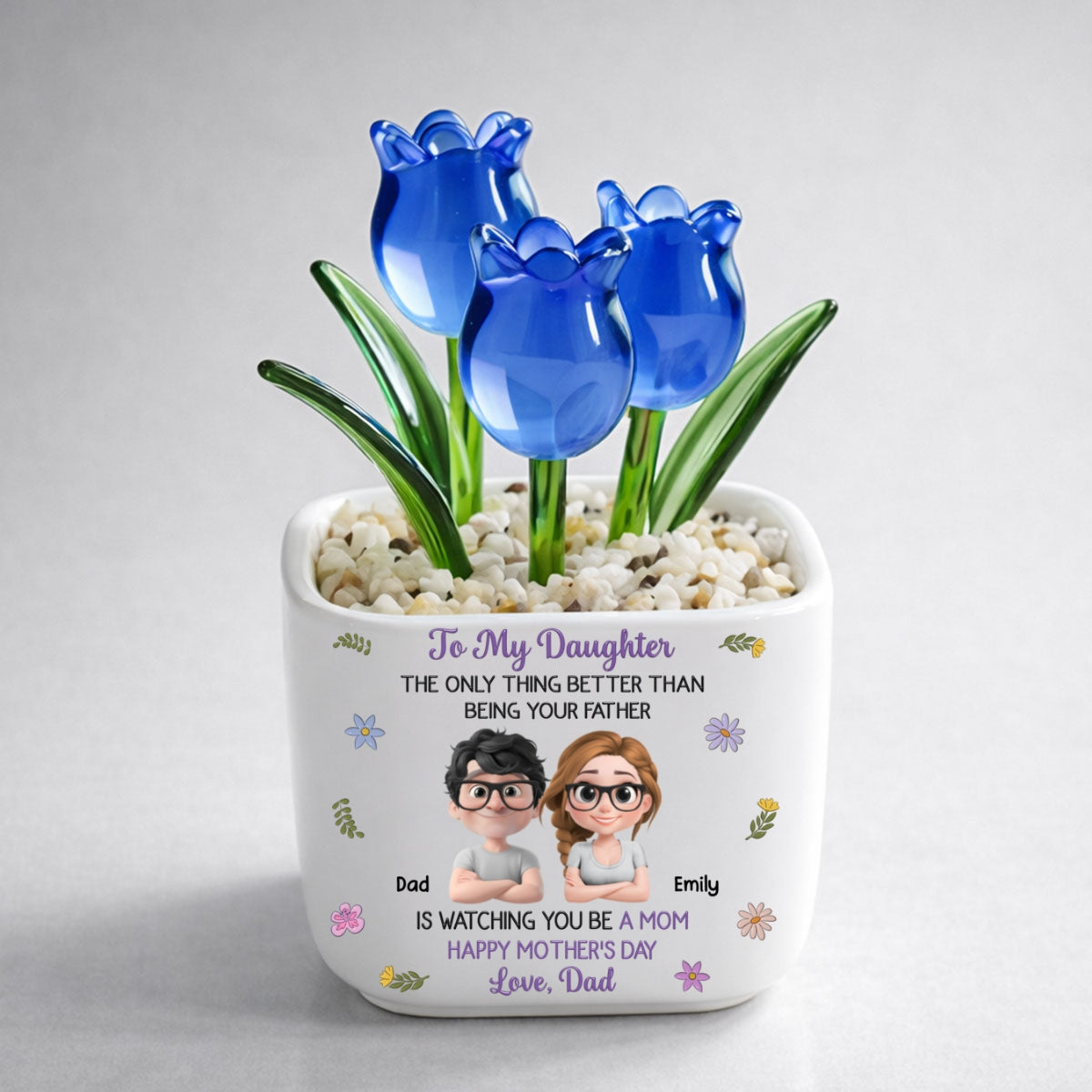 Custom Mother's Day Flower Keepsake, Glass Home Decor Gift for Daughter • Dad And Daughter Linked Together Cartoon - Personalized Glass Everlasting Tulips
