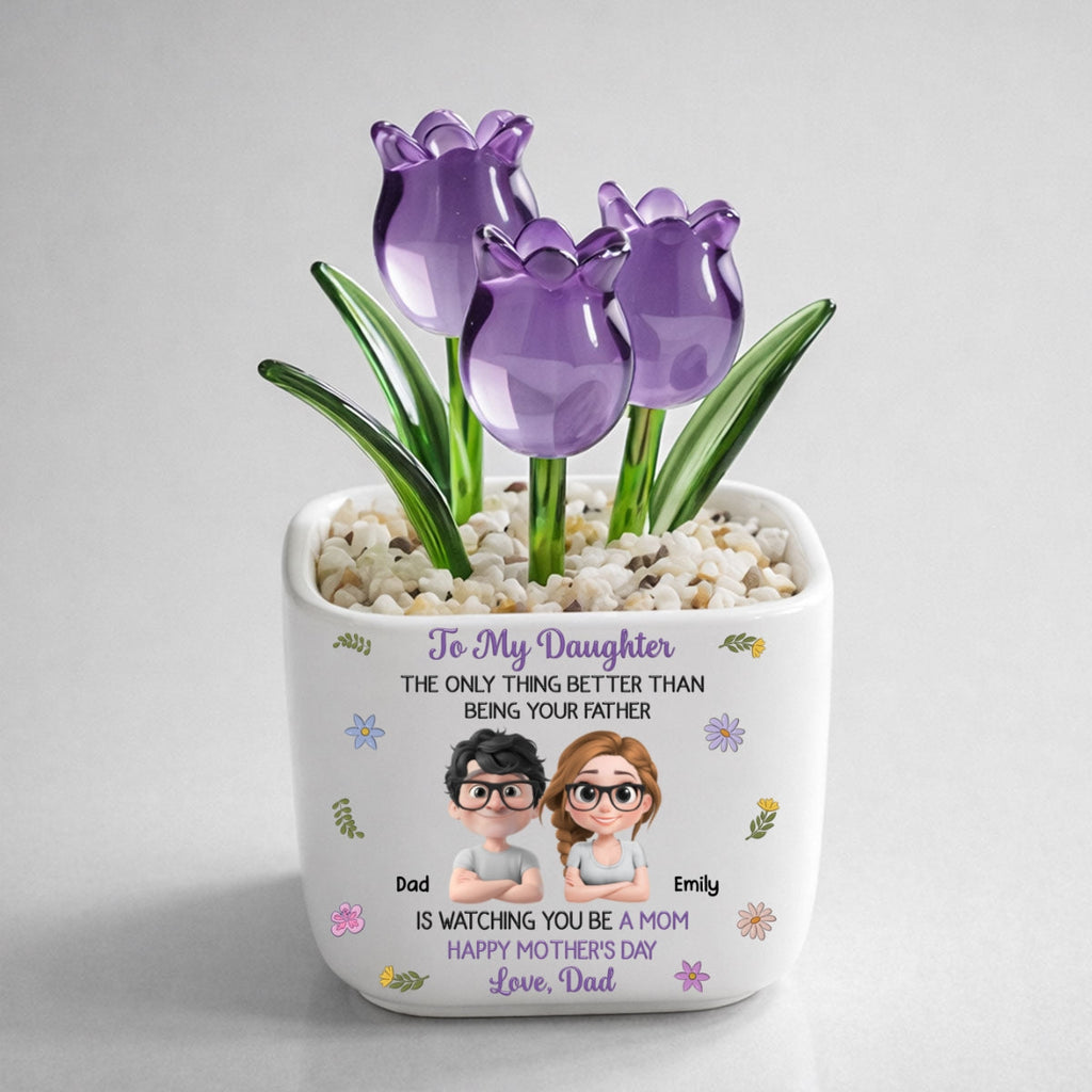 Custom Mother's Day Flower Keepsake, Glass Home Decor Gift for Daughter • Dad And Daughter Linked Together Cartoon - Personalized Glass Everlasting Tulips