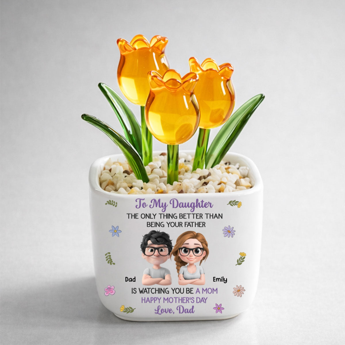 Custom Mother's Day Flower Keepsake, Glass Home Decor Gift for Daughter • Dad And Daughter Linked Together Cartoon - Personalized Glass Everlasting Tulips