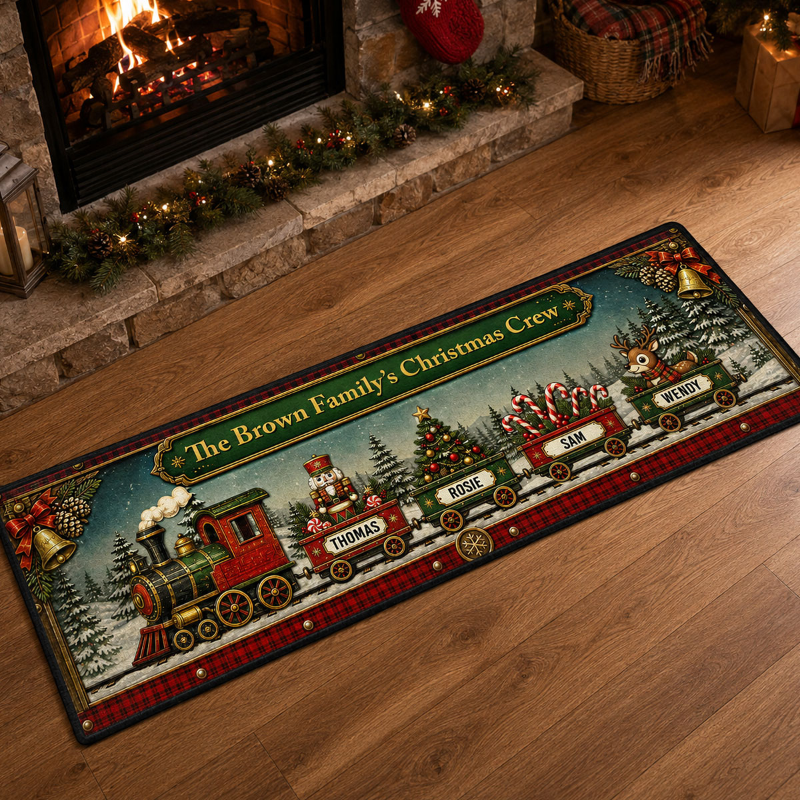 Custom Family Name Christmas Rug, Holiday Gift For Grandma Grandpa • Christmas Train Family - Personalized Runner Rug