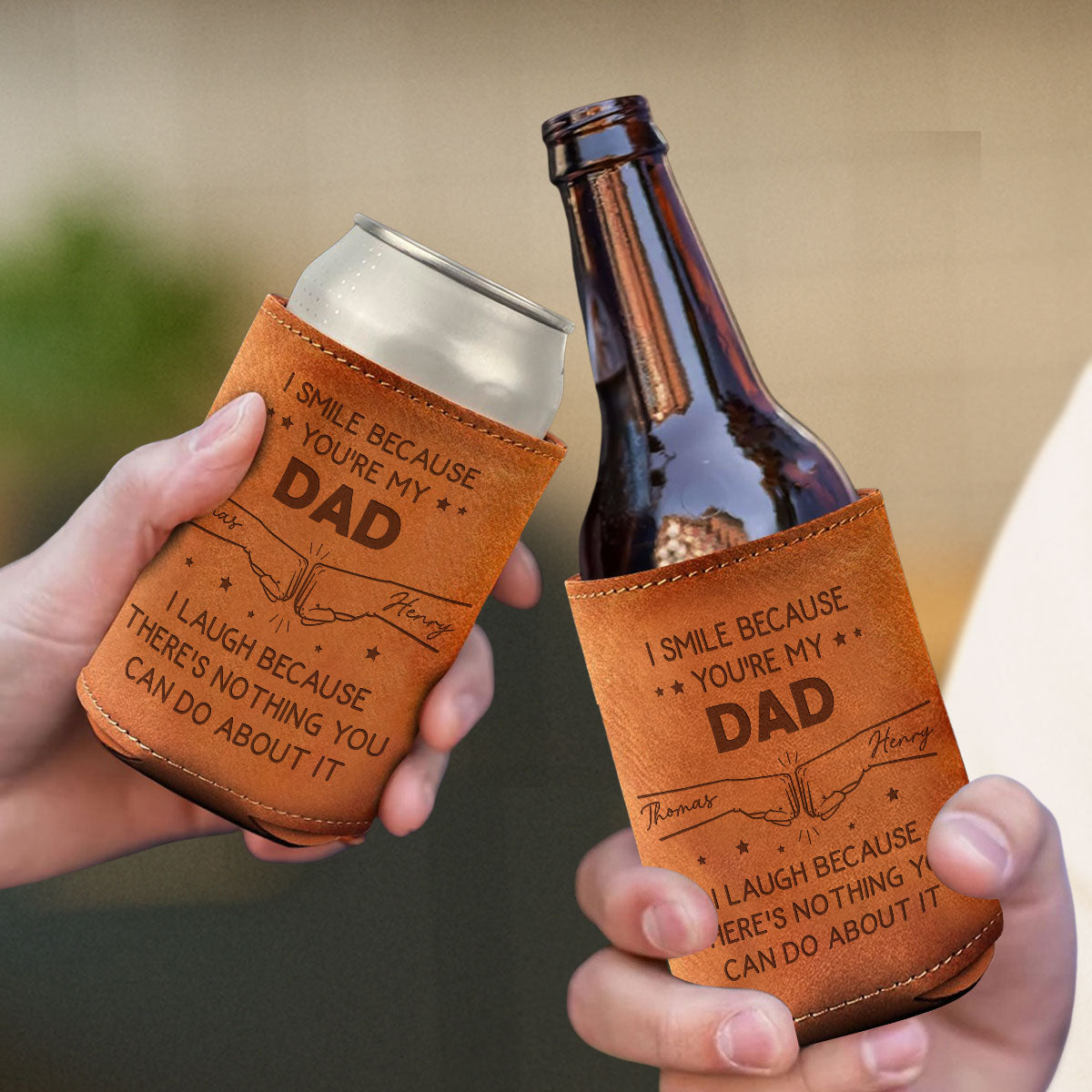 I Smile Because Of You - Personalized Engraved Leather Can Cooler Holder