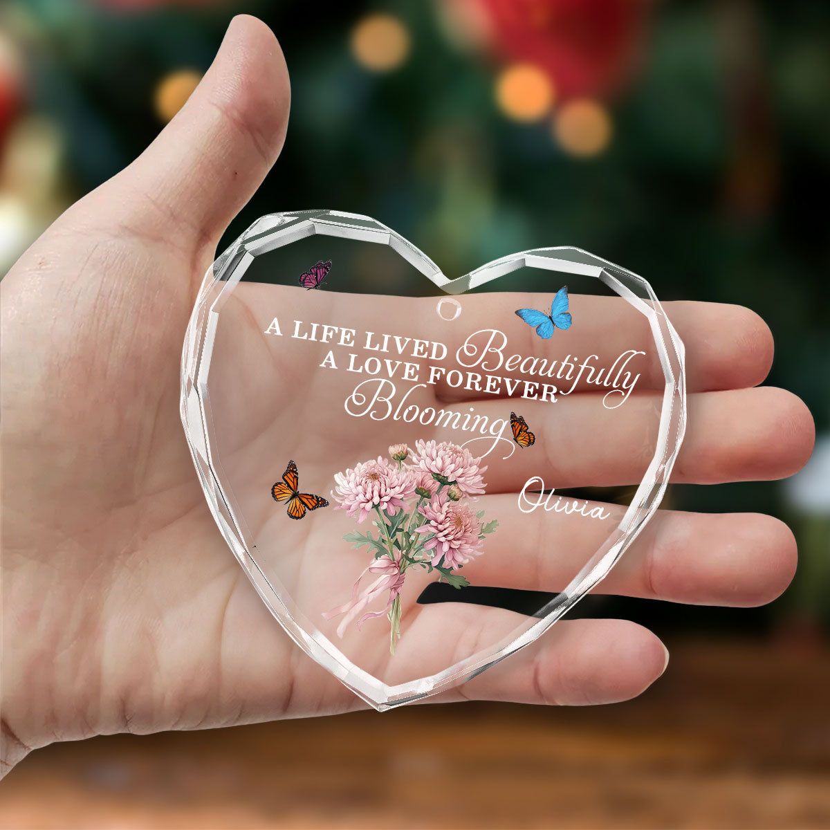 Custom Memorial Christmas Ornament, Sympathy Keepsake •  Your Memory Will Forever Bloom - Personalized Glass Ornament