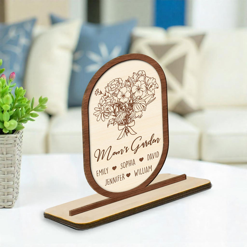 Custom Mother's Day Decor, Gift for Mom & Grandma • Floral With Family Names - Personalized 2-Layer Wood Plaque With Flat Base