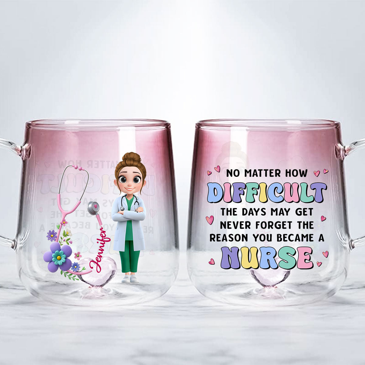 Custom Christmas & Birthday Keepsake Gift • Reason You Became A Nurse - Personalized Pink Gradient Glass Mug