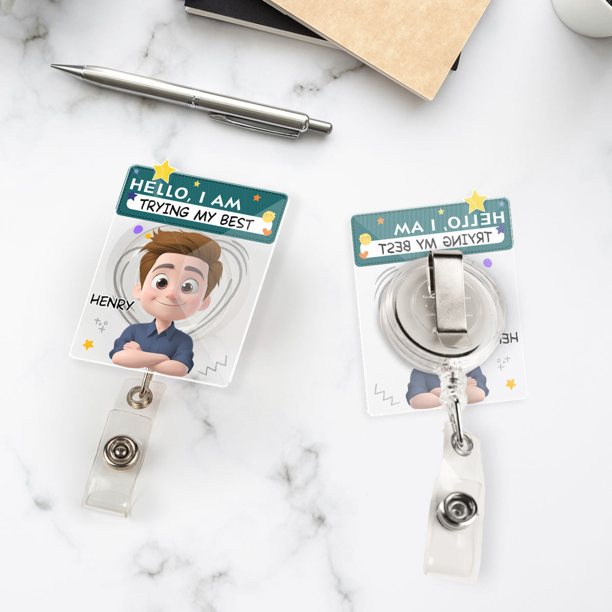 Custom ID Holder Gifts For Coworker, For Boss, Office Gift With Name • I Am Trying My Best Male - Personalized Acrylic Badge Reel