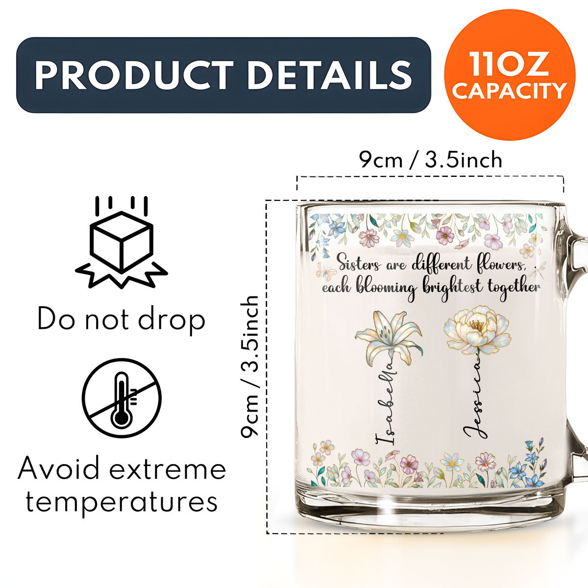 Custom Name & Birth Flower Birthday, Christmas Gift for Sister • Blooming Together - Personalized Glass Mug