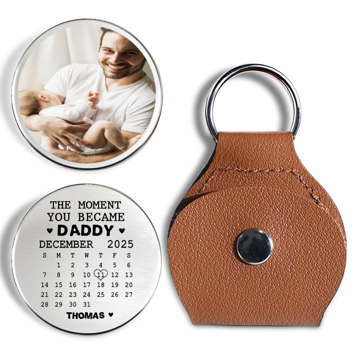 Custom Photo Coin Keychain for Husband, Couple Anniversary Valentine's Day Gifts • The Moment You Became Dad - Personalized Pocket Hug