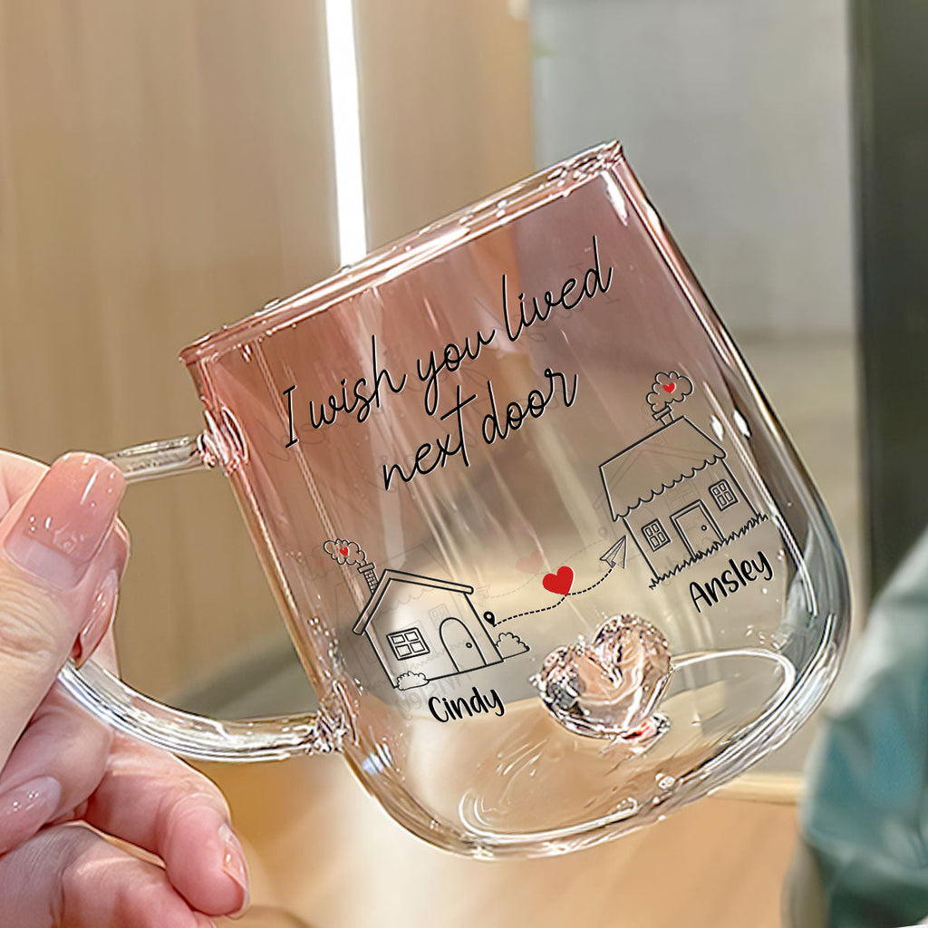 Custom Best Friend, Christmas & Birthday Friendship Keepsake Gift • I Wish You Lived Next Door - Personalized Pink Gradient Glass Mug