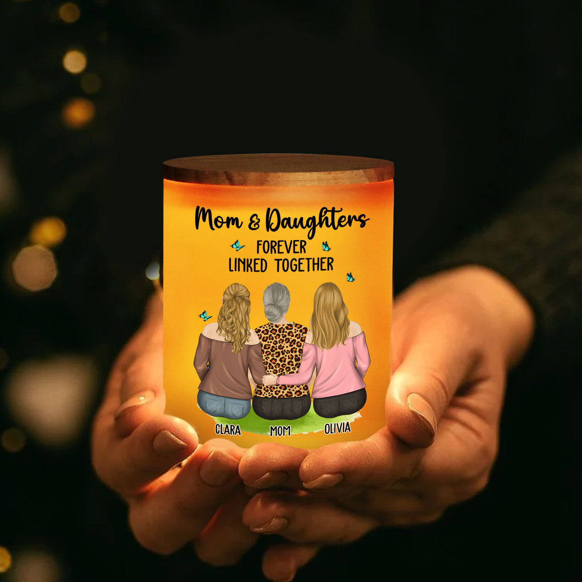 Mom And Children Forever Linked Together - Personalized Glass Jar With LED Candle