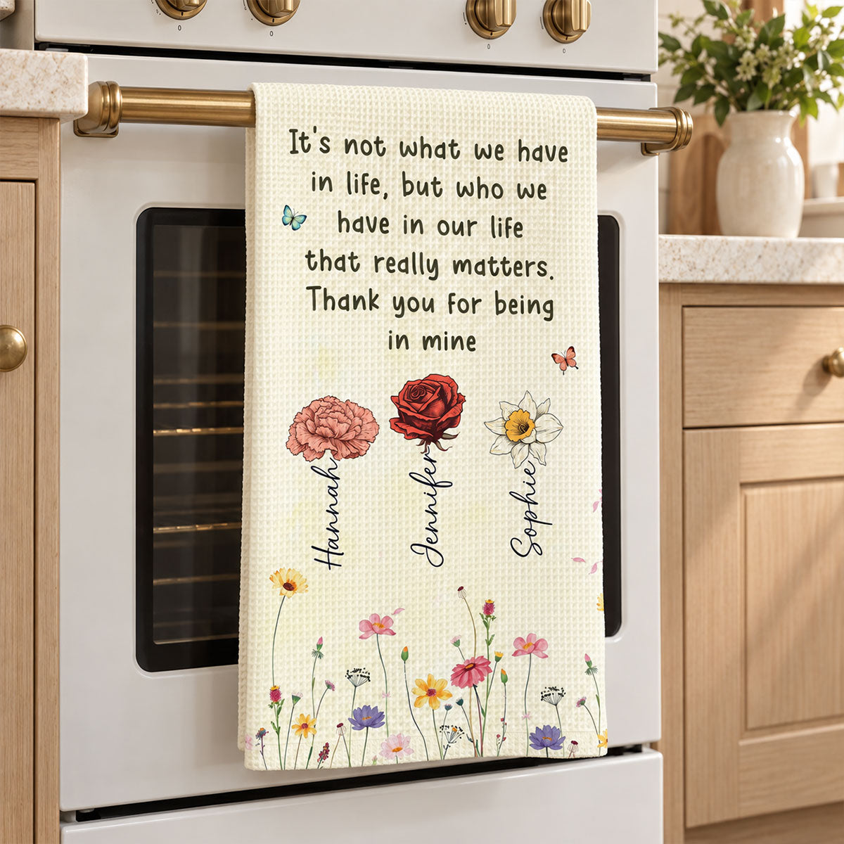 Custom Sister Kitchen Towel With Names, Birthday Christmas Gift For Sister Sibling • Thank You For Being In Mine - Personalized Kitchen Towel