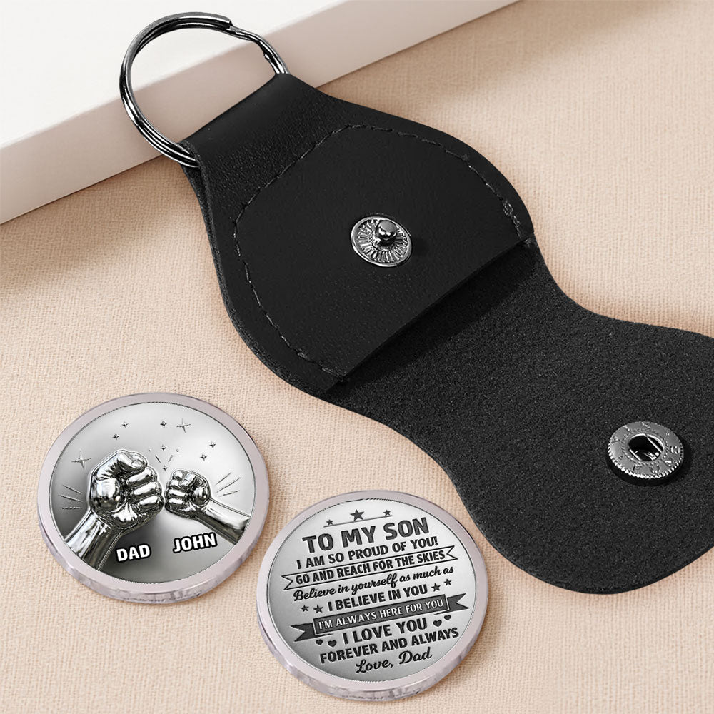 Custom Coin Keychain for Son, Father's Day Birthday Gifts • Reach For The Skies - Personalized Pocket Hug