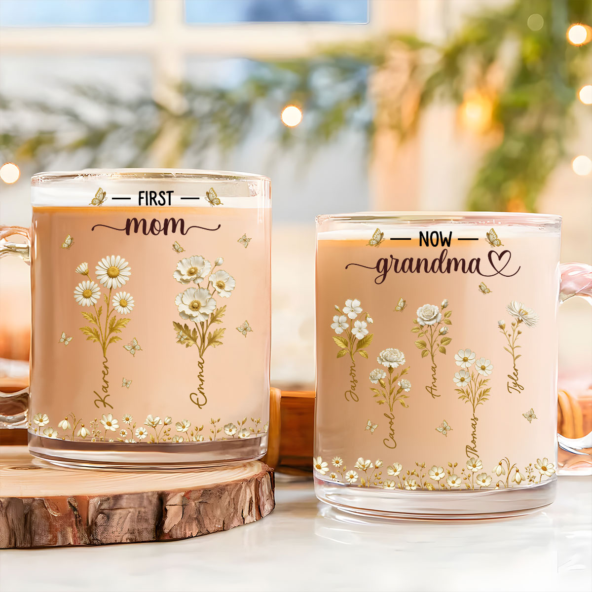 Custom Mother's Day Gift for Mom & Grandma • Grandma Gold Flower - Personalized Glass Mug