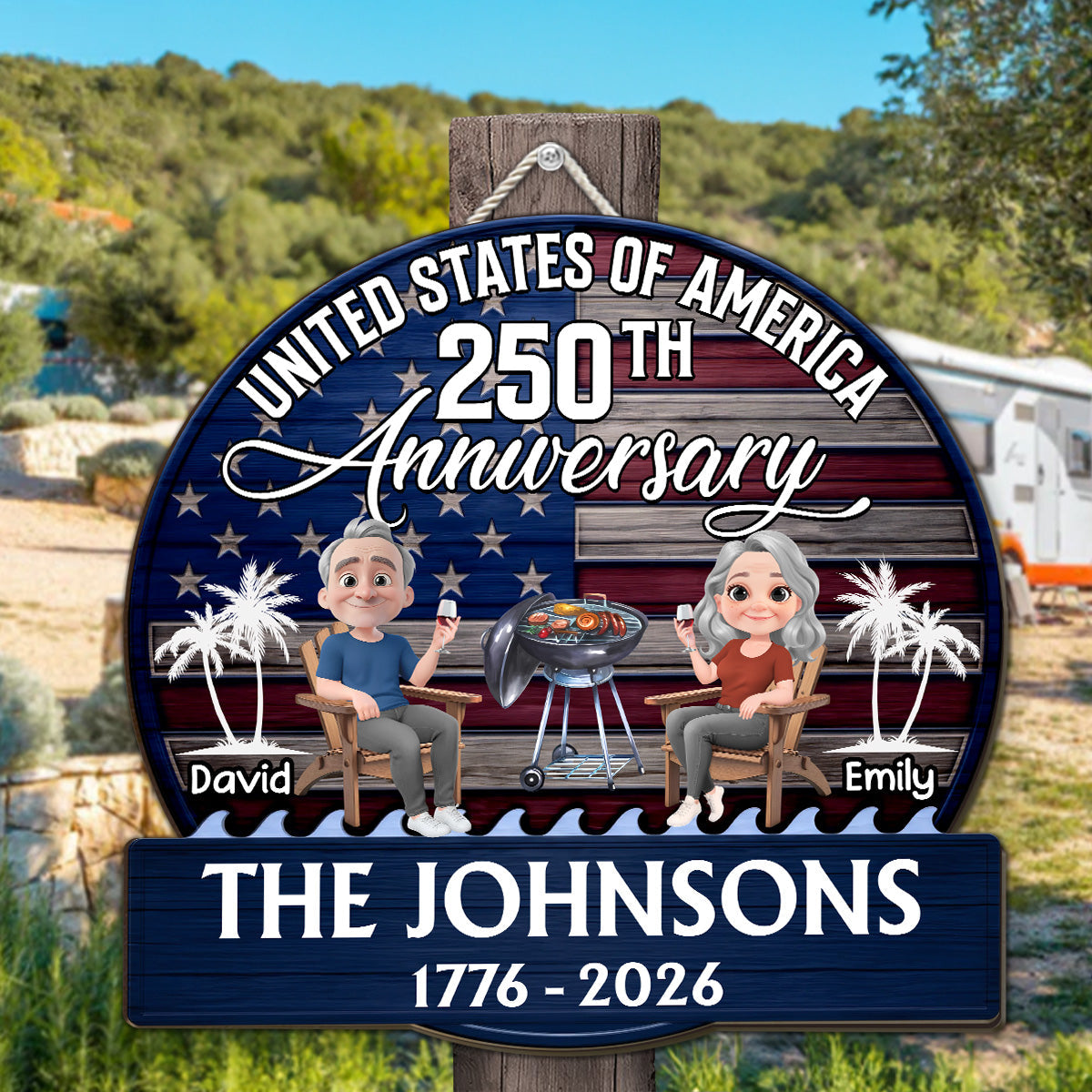 Custom Family Patriotic Hanging Decor, 4th of July • Patriotic Patio Vibes - Personalized Wood Sign