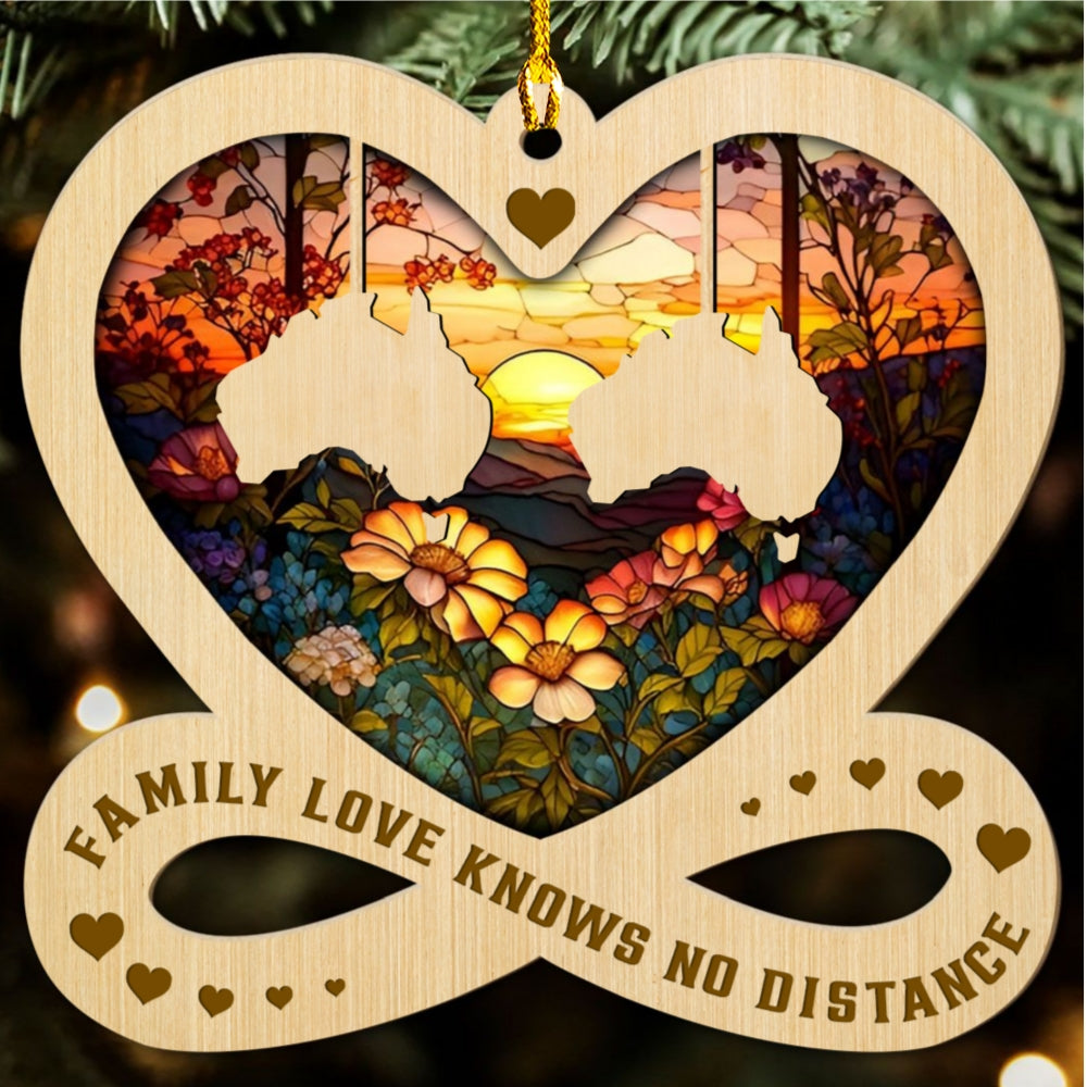 Custom Family Christmas Ornament for Long Distance Families •  Family Love Knows No Distance - Personalized Wood Ornament