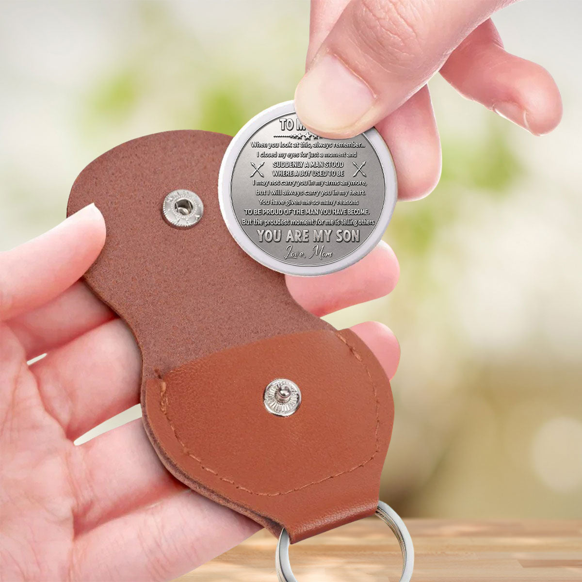 Custom Son Coin Keychain, Father's Day Birthday Gifts • The Man You Have Become - Personalized 3D Effect Pocket Hug