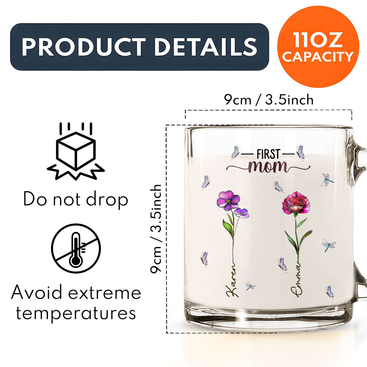 Custom Christmas & Birthday Gift for Mom • First Mom Now Nana Birthmonth Flower - Personalized Glass Mug