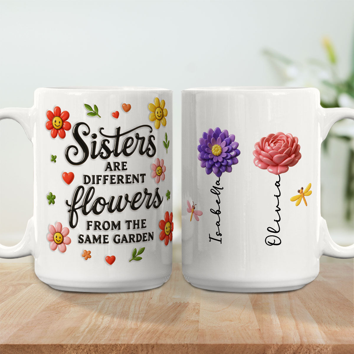 Custom Name & Birth Flower Birthday, Christmas Gift for Sister • Sisters Bloom With Unique Grace - Personalized 3D Inflated Effect Mug