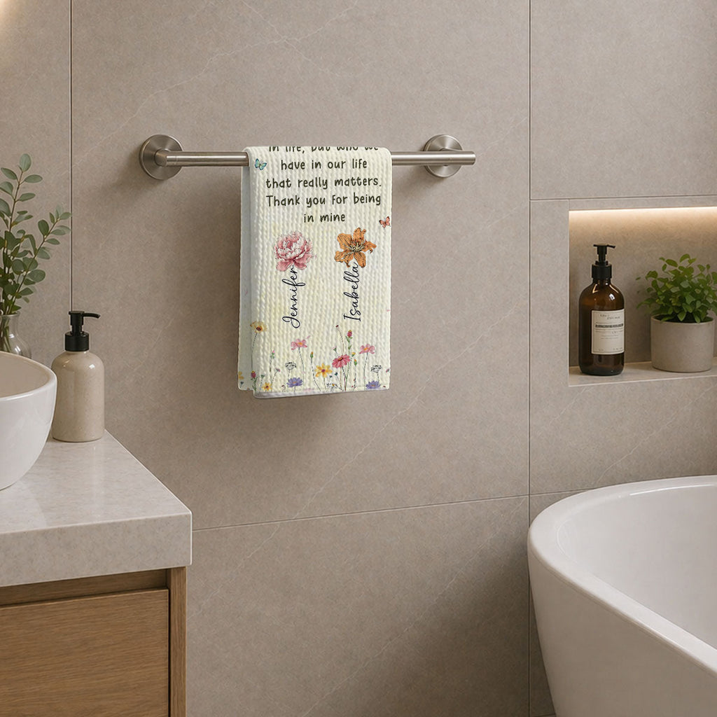Custom Sister Kitchen Towel With Names, Birthday Christmas Gift For Sister Sibling • Thank You For Being In Mine - Personalized Kitchen Towel