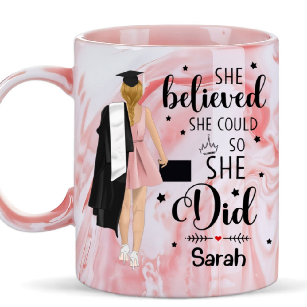 Custom Christmas & Birthday Keepsake Gift • She Believed She Achieved- Personalized Pink Marble Mug