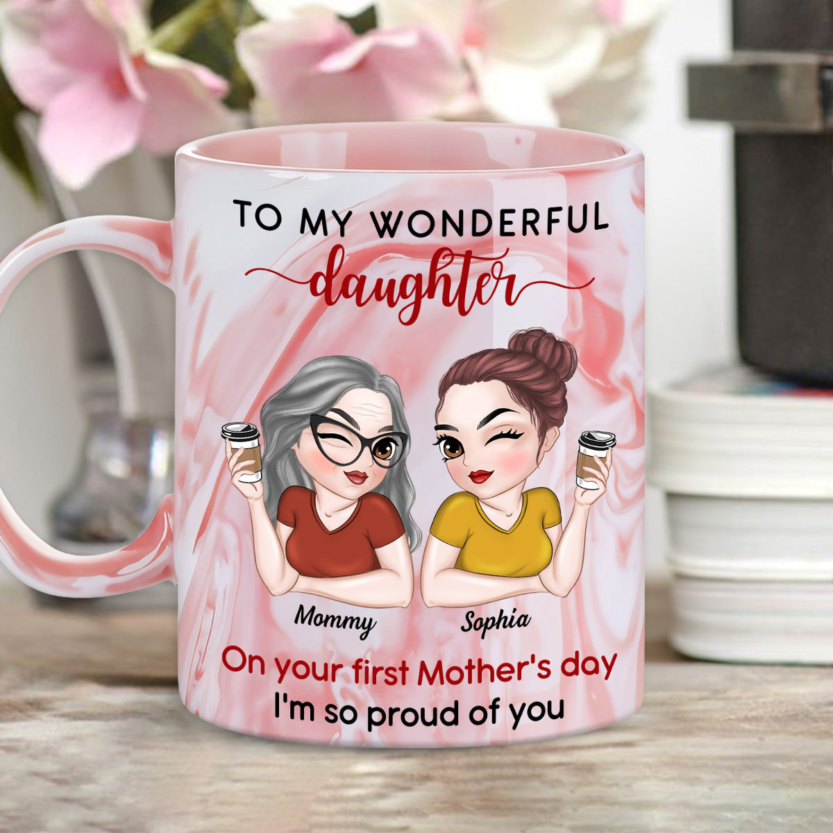 Custom First Mother's Day for Daughter, Christmas Gift for New Mom • To My Amazing Daughter - Personalized Pink Marble Mug