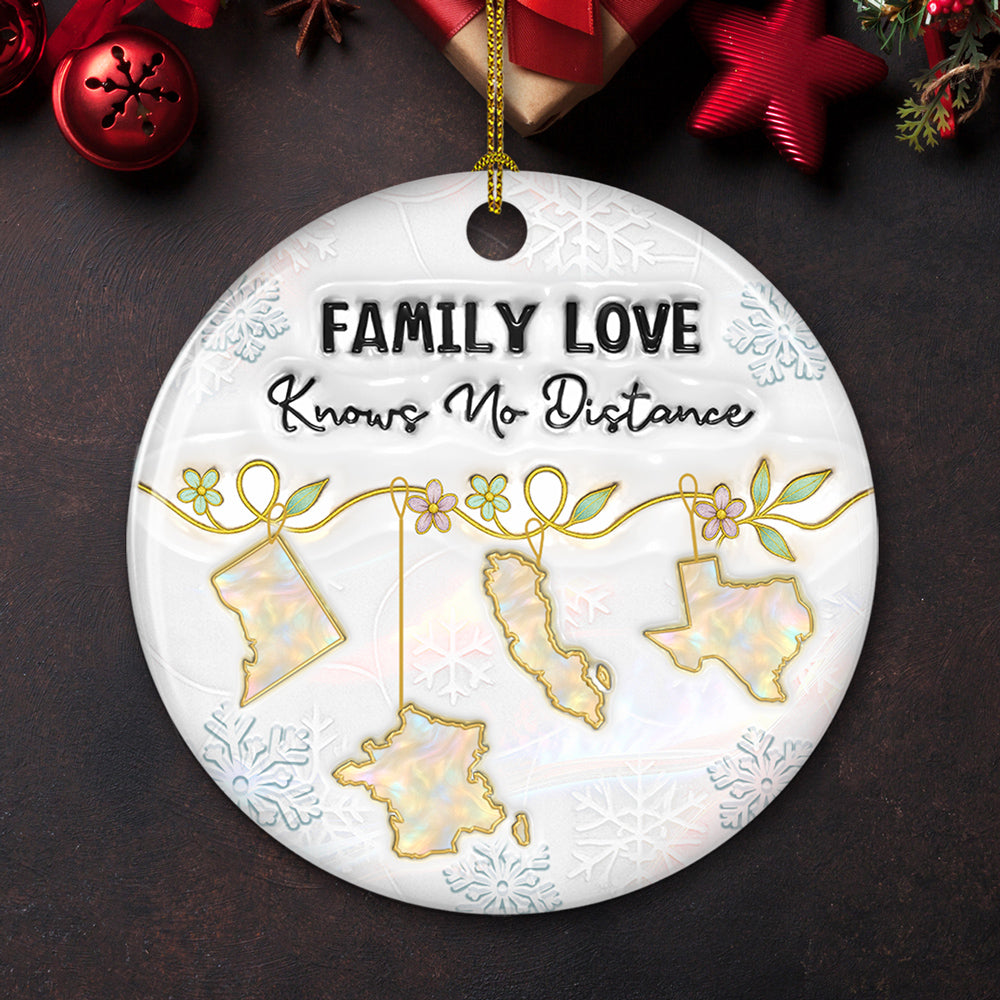 Custom Family Christmas Ornament for Long Distance Families •  Family Love Knows No Distance Mother Of Pearl Countries - Personalized 3D Inflated Effect Ceramic Ornament