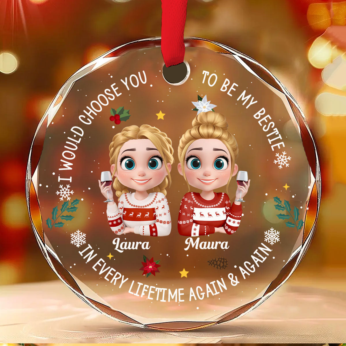 Custom Sister Christmas Ornament •  Soulmate In Disguise - Personalized Glass Ornament