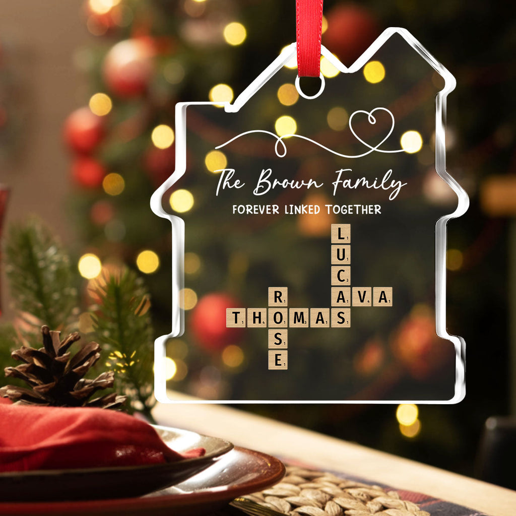 Custom Family Ornament, Christmas Gift for Family Members •  Family Hearts Forever Linked Together - Personalized House Shaped Glass Ornament