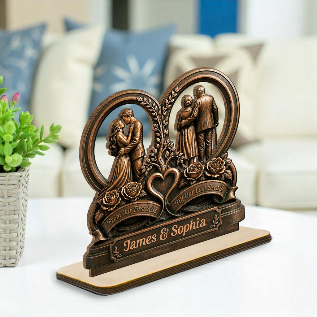 Custom Couple's Decor, Anniversary & Wedding Gift • Love You Then Love You Now - Personalized 2-Layer Wood Plaque With Flat Base