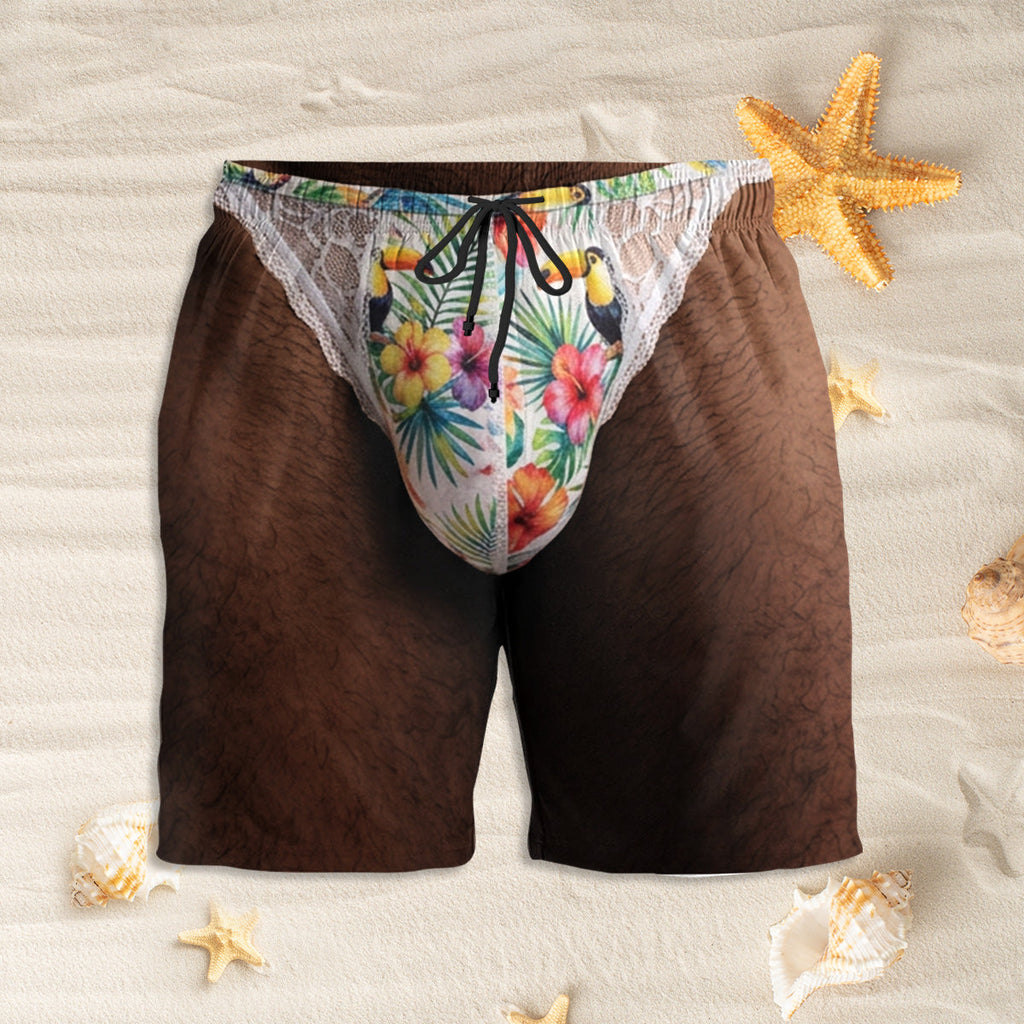 Custom Funny Hairy Man Swim Trunks, Birthday Summer Gift • Tropical Vibes - Personalized Beach Shorts