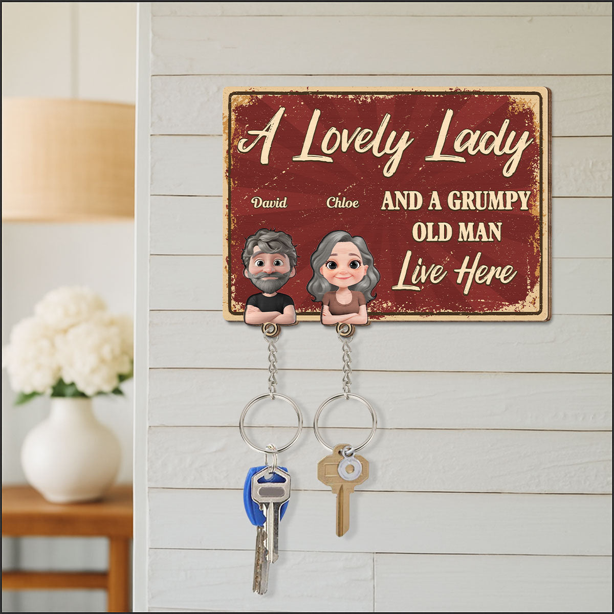 A Lovely Lady And A Grumpy Man - Personalized Wooden Key Holder With Keychain
