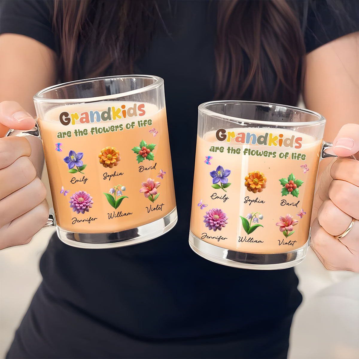 Custom Christmas & Birthday Gift For Grandma • Grandkids Are The Flowers Of Life - Personalized Glass Mug