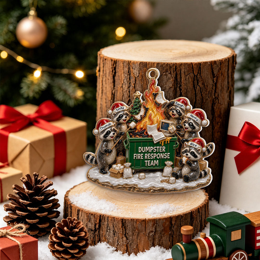 Custom Coworker Christmas Ornament, Team Appreciation Gift •  Dumpster Fire Crew Forever - Personalized 3D White Acrylic Ornament