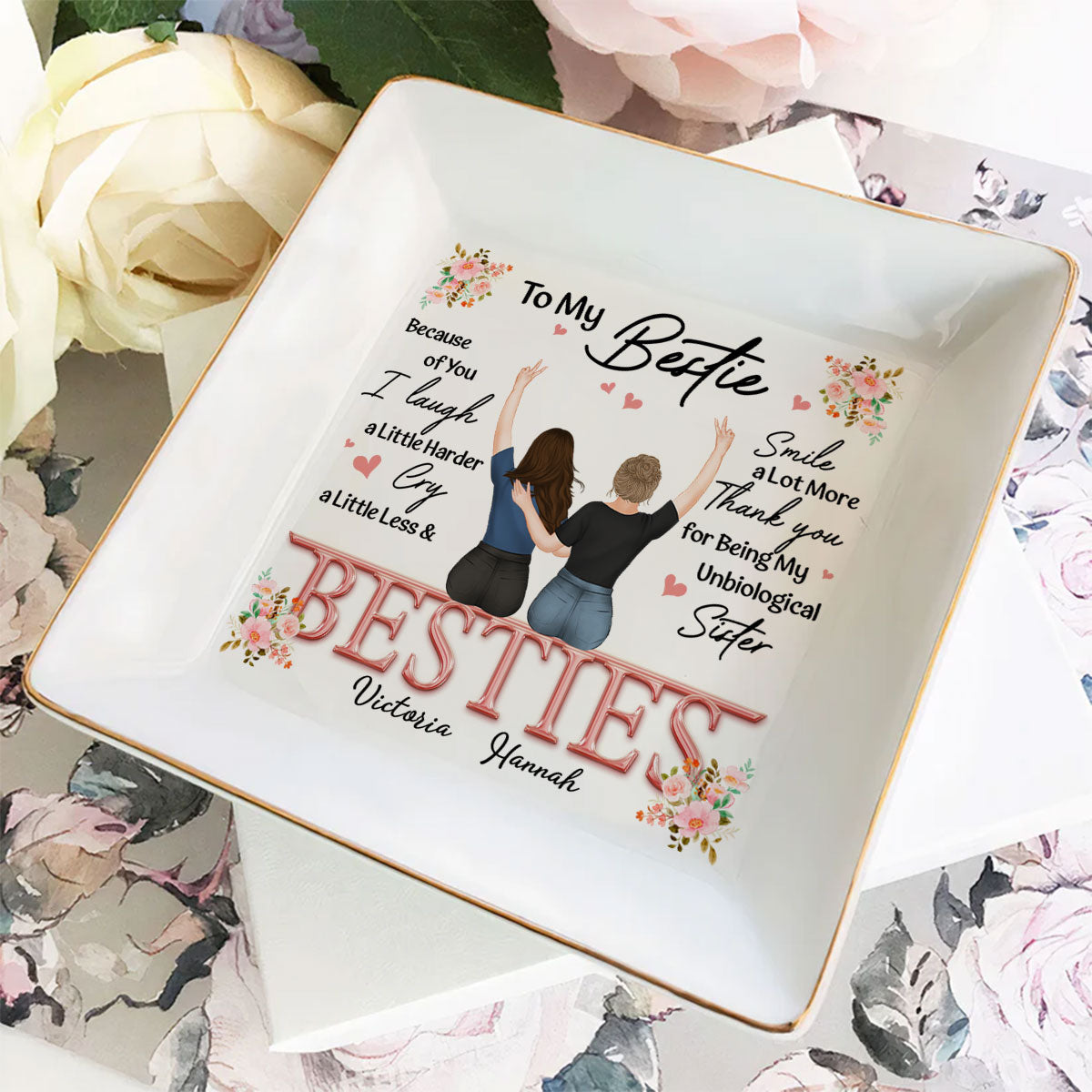 Custom Bestie Trinket Dish, Birthday Christmas Gift For Best Friend • Thank You I Laugh More Cry Less - Personalized Jewelry Dish