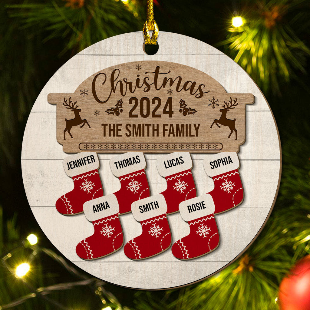 Custom Family Ornament, Christmas Gift for Family Members •  Name Christmas Socks - Personalized 2-layered Wood Ornament