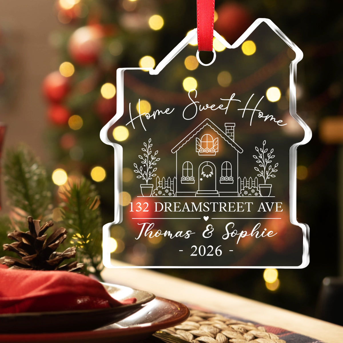 Custom Couple Christmas Ornament, Anniversary Gift •  Home Sweet Home - Personalized House Shaped Glass Ornament