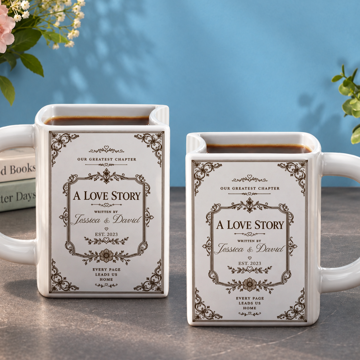 Custom Bookish Drinkware, Christmas Birthday Gift For Book Lovers • Custom Book Lover Drinkware, Romantic Gift For Couples • Together Is Our Favorite Chapter - Personalized Book Shaped Mug