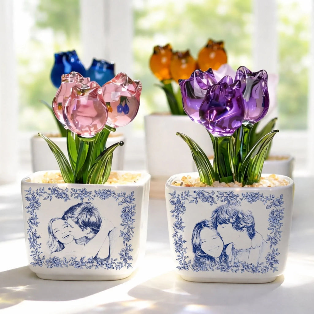 Custom Photo Glass Flower Keepsake, Romantic Anniversary Gift for Wife • Vintage Couple Photo 2 - Personalized Glass Everlasting Tulips