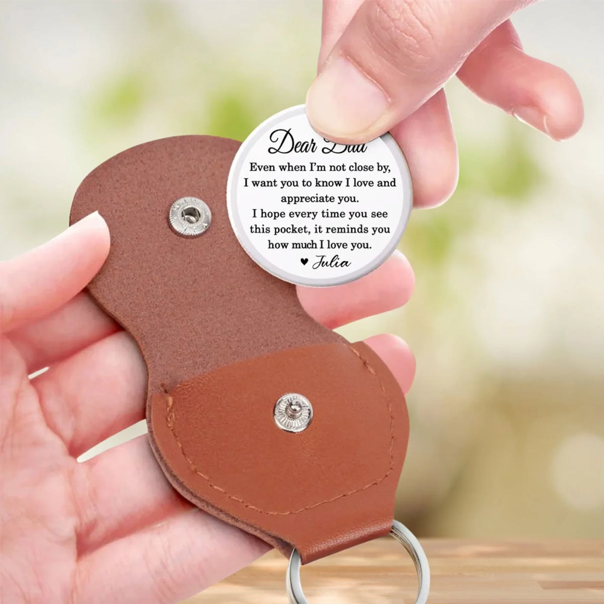 Custom Sketch Line Art Dad Coin Keychain, Father's Day Birthday Keepsake • Pencil Sketch Even When I Am Not Close By - Personalized Pocket Hug