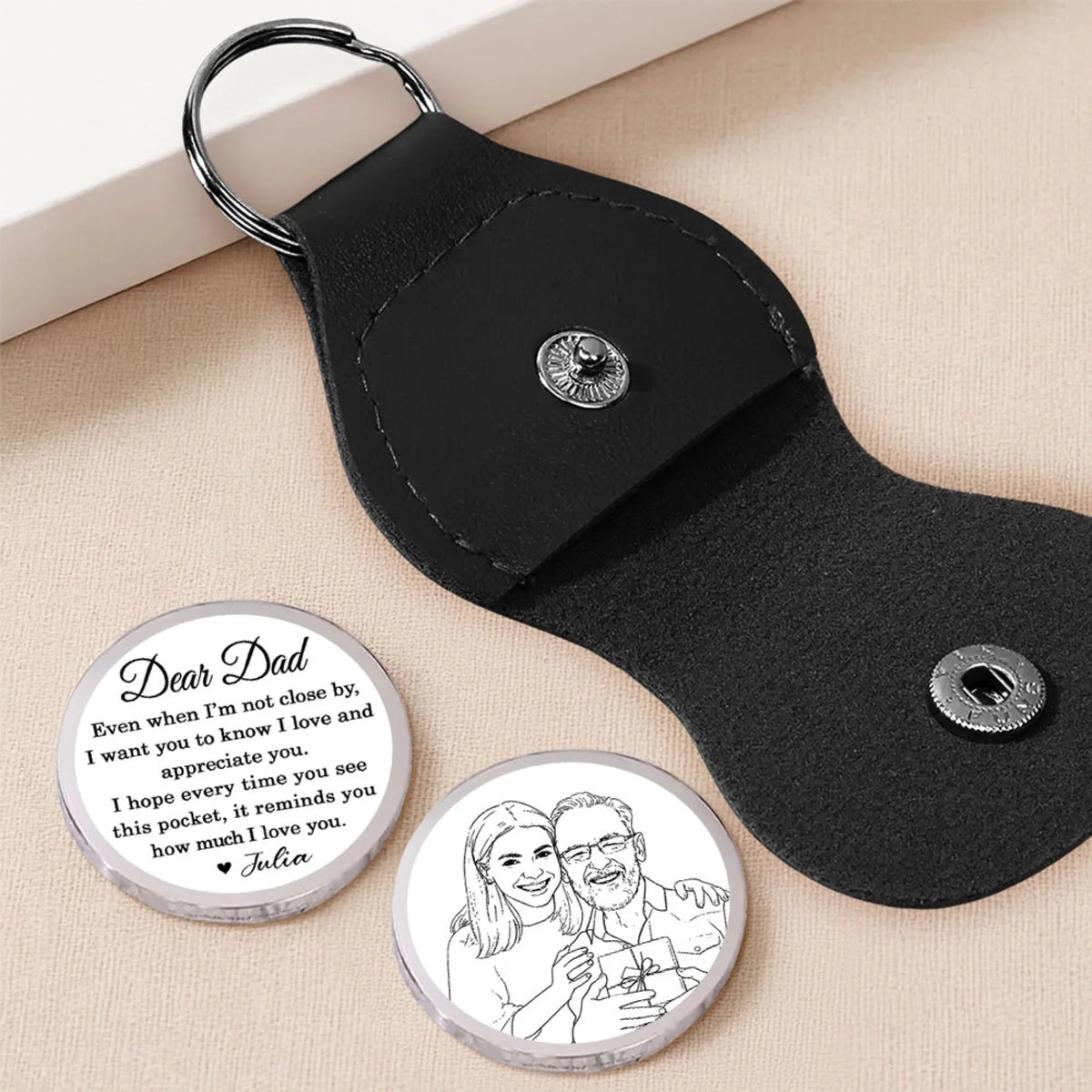 Custom Sketch Line Art Dad Coin Keychain, Father's Day Birthday Keepsake • Pencil Sketch Even When I Am Not Close By - Personalized Pocket Hug