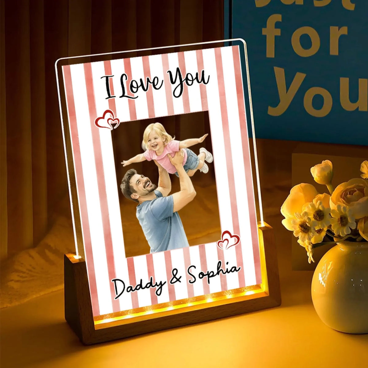 Custom Photo Father's Day Gift for Dad Grandpa • Me and Daddy Portrait Watercolor - Personalized Plaque With Walnut Base
