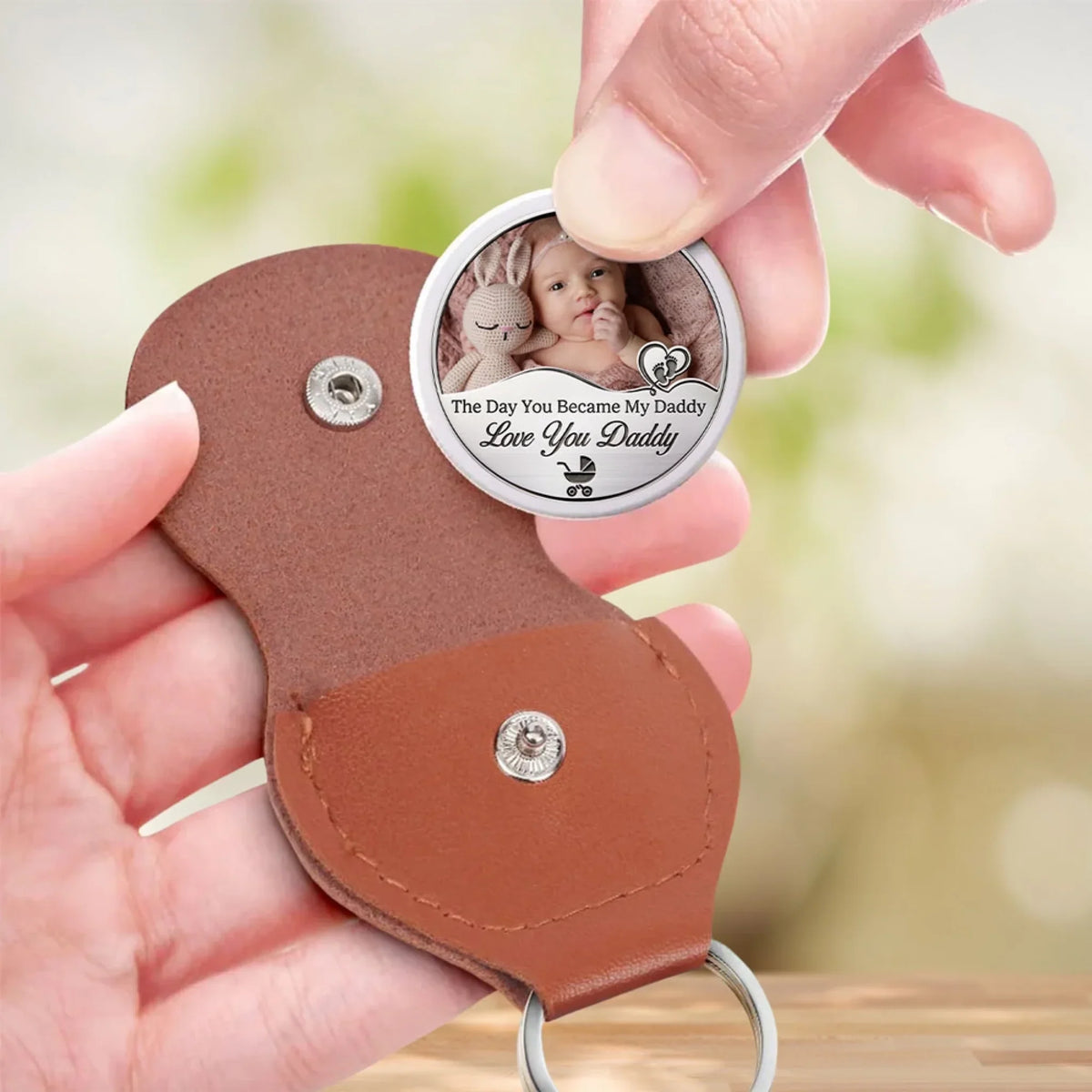 Custom Photo Coin Keychain for Dad, Father's Day Birthday Keepsake • Baby Arrival Date 2 - Personalized Pocket Hug